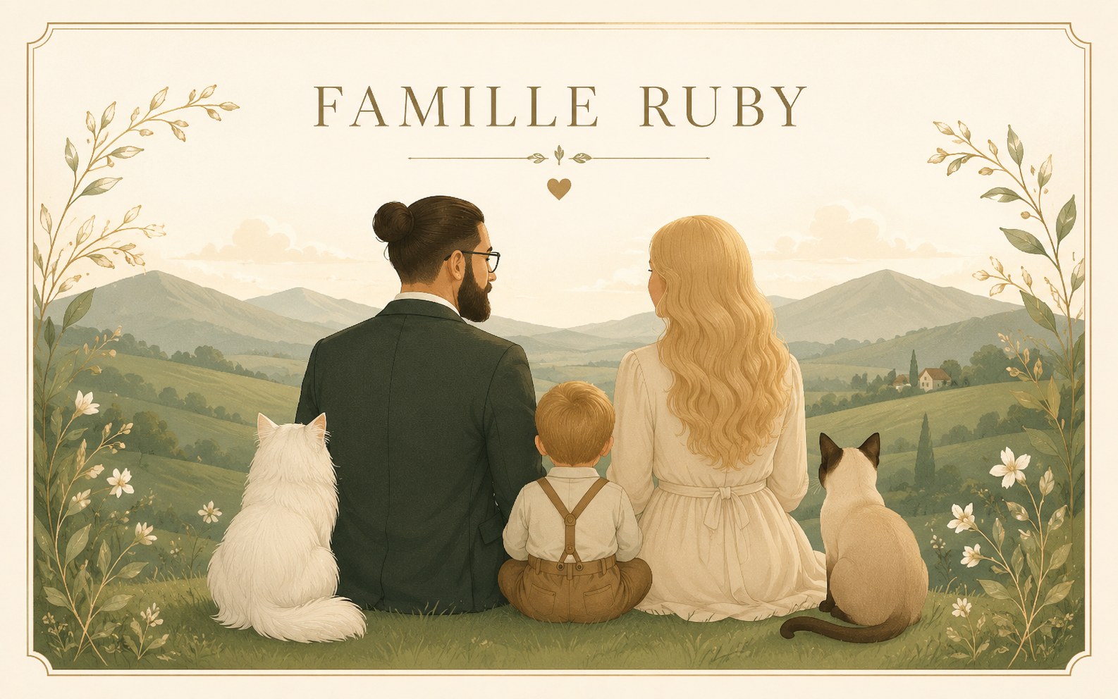Illustration de la Famille RUBY devant un paysage de campagne
